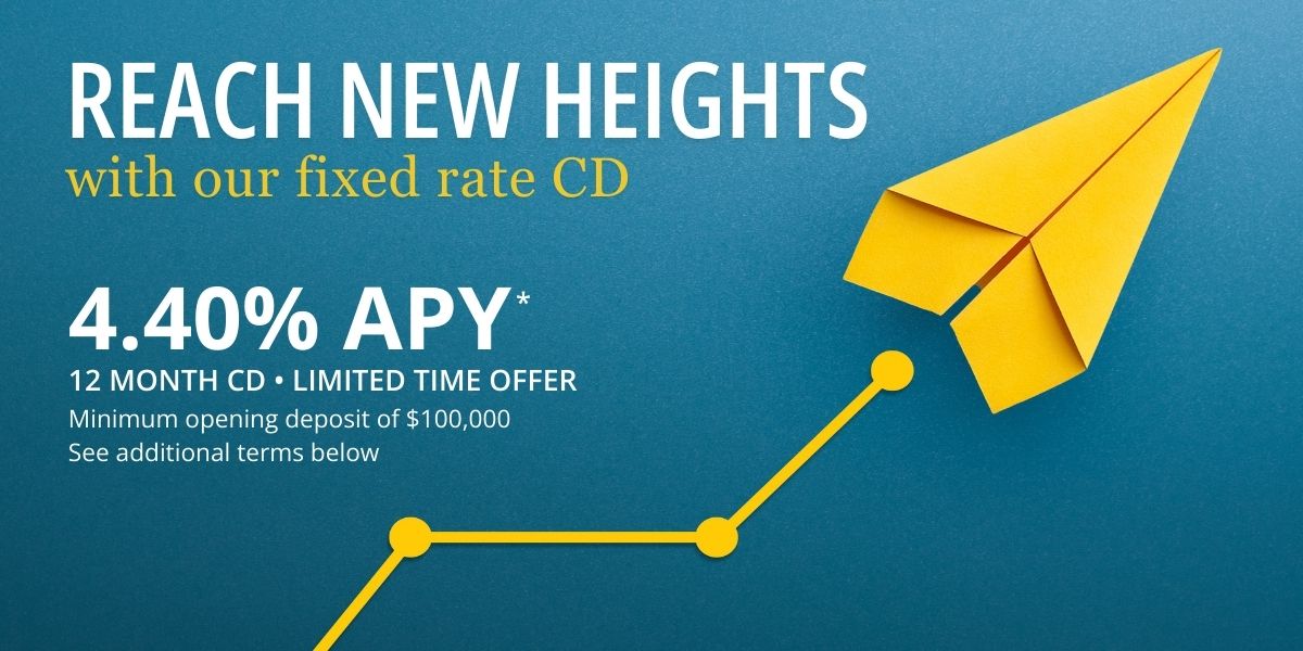Illustration of yellow paper airplane flying upward with text describing promotional rate for certificate of deposit