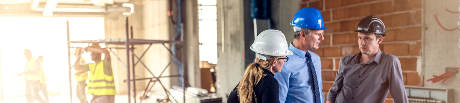 Business people wearing hardhats